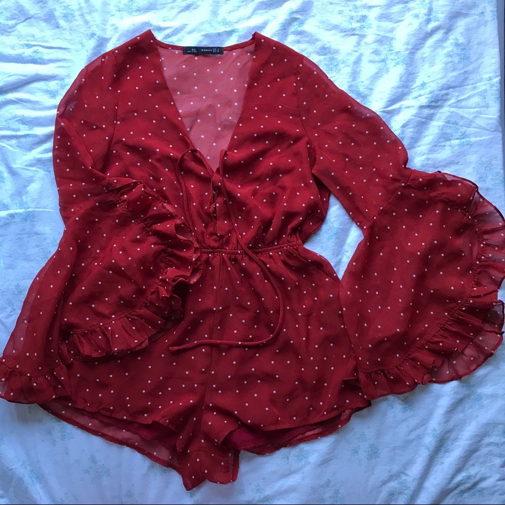 Red polka dot front Lace-Up Romper